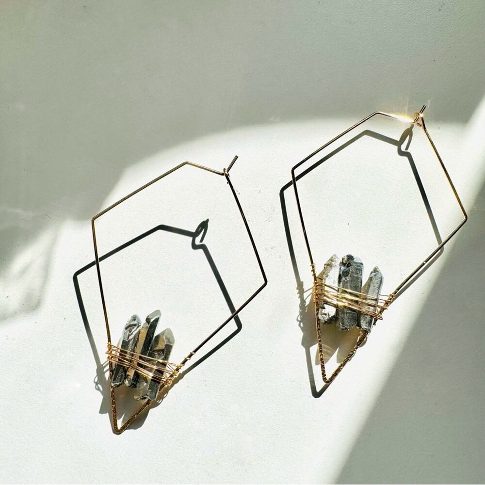 Smoky Quartz Gold Handmade Boho Gemstone Crystal Hoop Earrings Hoops Jewelry